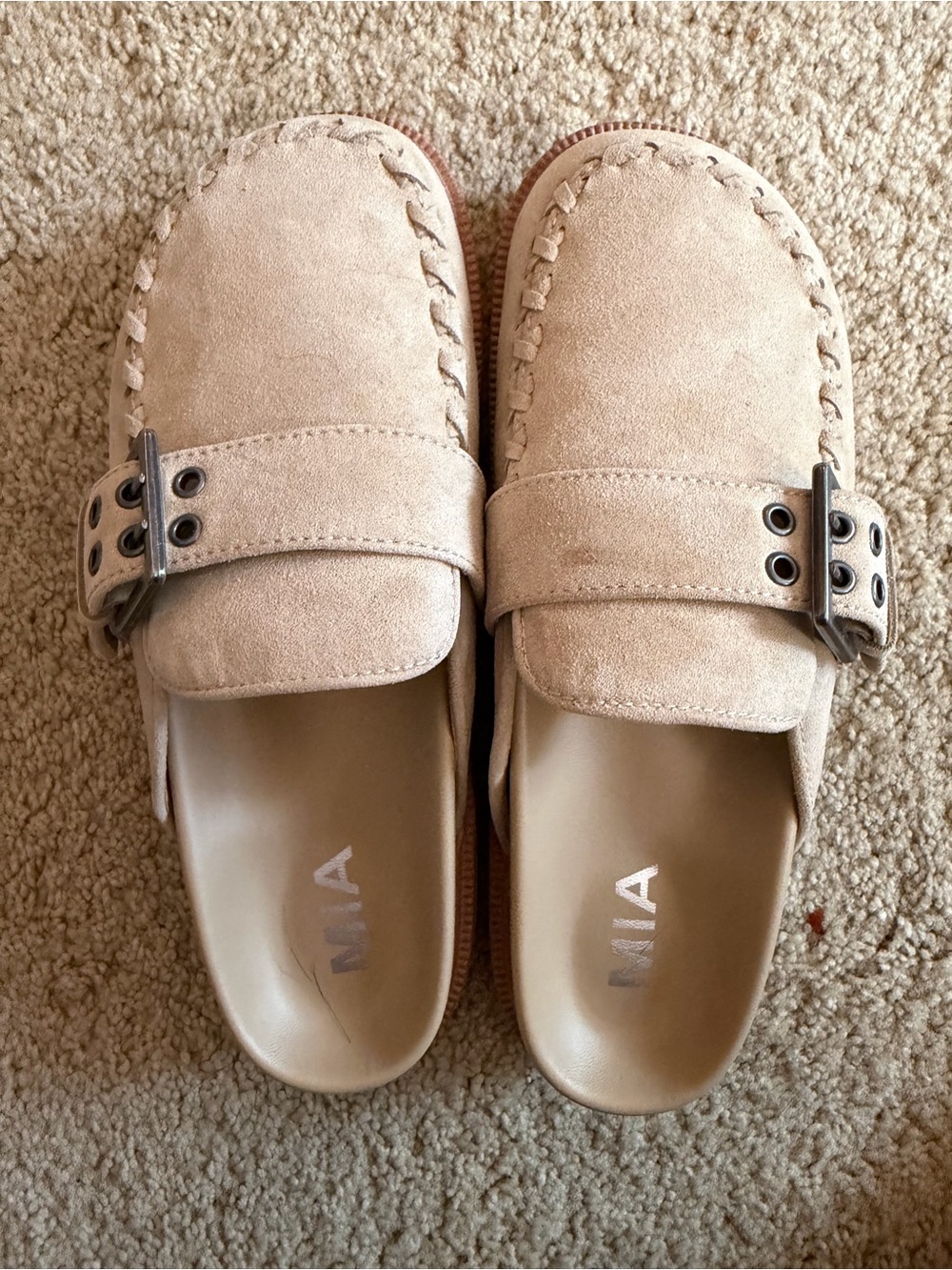MIA Beige Suede Buckle Mules